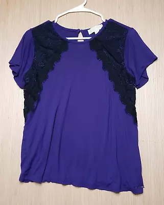 Michael Kors Top Womens Medium Purple Knit Black Lace Blouse Short Sleeve Shirt • $1.99