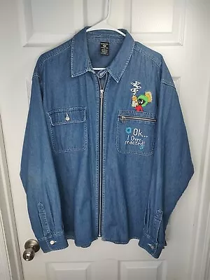 VTG 90s Marvin The Martian Looney Tunes Warner Bros Zip Up Denim Shirt Mens Med  • $102.55