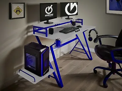 Virtuoso Gaming Computer Office Desk White Blue 'PRO VXO1' Carbon Fibre Effect • £69