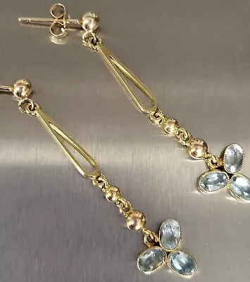 Edwardian 9ct Gold & Genuine Trefoil Aquamarine Drop Earrings.  Ref:bbod. • £375