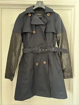 NEW Mackage Navy Trench Coat With Black Leather Sleeves • $129.99