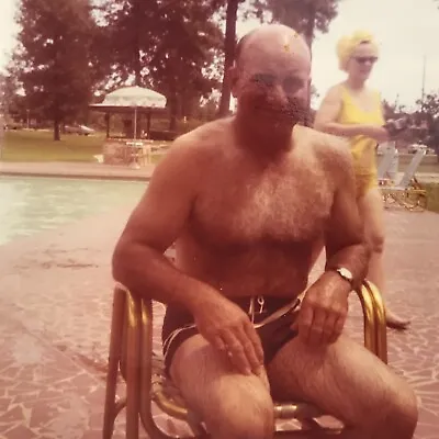 Vintage Color Photo Man Sitting Chair Swim Trunks Muscles Chest Swimming Pool • $6.69