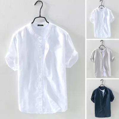 Mens Linen Cotton Shirt Short Sleeve Button Down Slim Fit Blouse Collarless Tee • $20.41