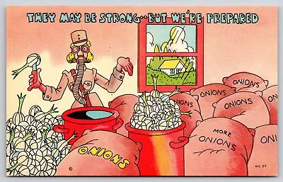 Military Comic~WAC In Gas Mask Peeling Onions~Strong But We're Prepared~Linen PC • $3.70