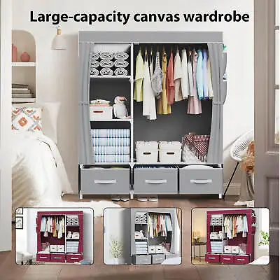 Large Canvas Fabric Wardrobe Portable Clothes Closet Storage Cupboard Dust Proof • £14.90