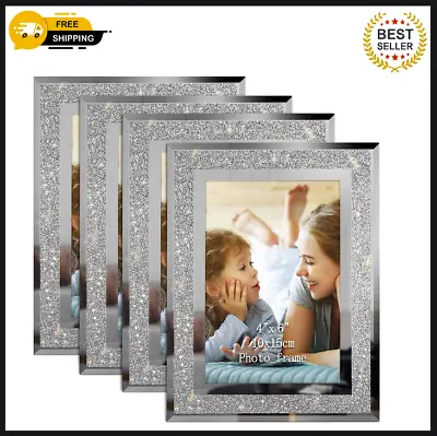 4 Pack 6 X 4 Inches Glass Photo Frames Crystal Glitter Mirrored Picture Frames T • £24.49