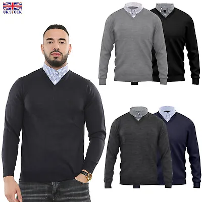 Men's Jumper Mock-Collar Knitted V-Neck Plain Sweater Pullover Sweatshirt S-4XL • £16.99
