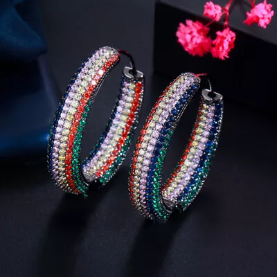 Gold Plated Colorful Round Zircon Micro Paved Circle Big Hoop Earrings For Women • $13.49