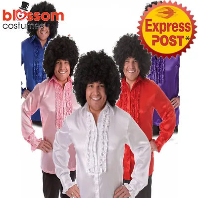 K383 60's 70's Groovy Hippie Shirt + Afro Wig Mens Fancy Dress Up Costume Outfit • $23.85