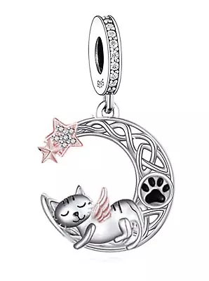 CLOSING DOWN SALE New Sterling Silver RIP Cat With Wings In Heaven Dangle Charm • £14.99