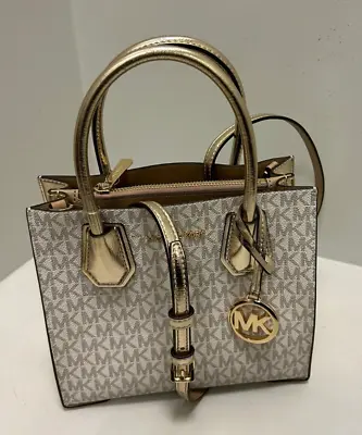 Michael Kors Mercer MD Signature Logo Messenger Satchel Shoulder Bag Pale Gold • $84