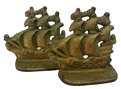 Cast Iron Ship Nautical Clipper Bookends 4 Inch Brass Finish Stamped 501 • $9.99