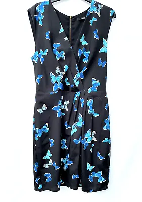 Oasis S UK 10 Smart Black Dress Bright Blue Butterflies Pattern V Neck VGC • £4.65