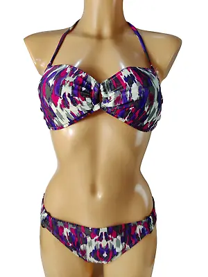 Womens La Senza Uk 34d Purple Mix Abstract Bandeau Bikini Set Bottoms Size Uk 14 • £11.99