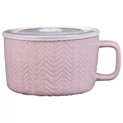 Herringbone Embossed Soup Mug With Airtight Lid Ideal For Work & Travel - Blush • £10.95