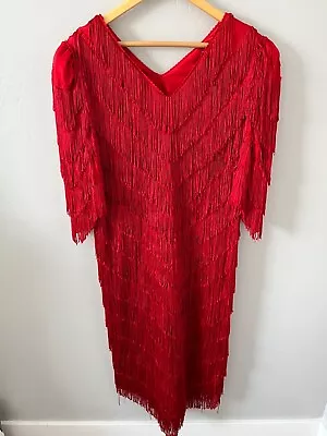 Vintage Womens Nightworks Red Fringe Dress 1920s Style Flapper Size 16W/36W • $74.99