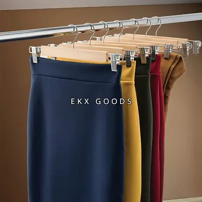 High Grade Wooden Pants Hangers Metal Clips Grip Clip Wood Trousers Hanger 1-10 • $24.99