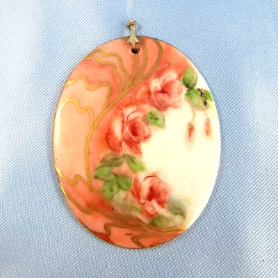 LOVELY Vintage Ceramic Oval Pendant Floral Design Cameo Style Pink Roses LARGE • $15