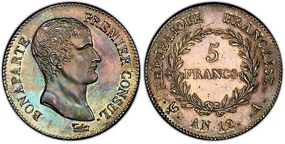 FRANCE. Napoleon. AN 12 (1803)-A AR 5 Francs. NGC AU58. KM 660.1; Gadoury 577 • $3623