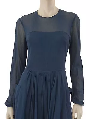 MORGANE LE FAY Long Sleeve Gathered Blue Stretch Tulle Midi Dress L • $286