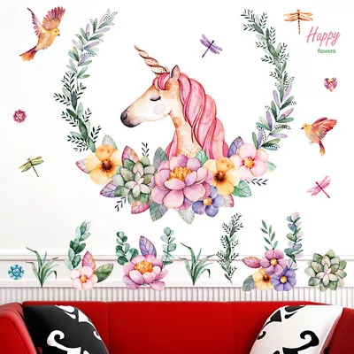 $5.99 • Buy Cartoon Unicorn Wall Stickers Colorful Flowers Kids Room Removable Decor Gifts