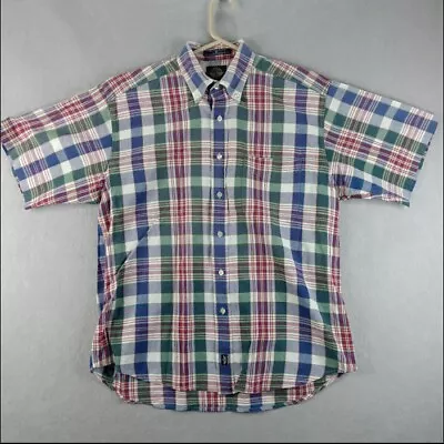 Vintage Dockers MEns Shirt Medium Blue Green Red Plaid Short Sleeve Work Camp • $18.99