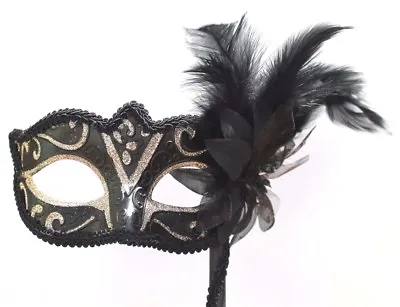 £12.95 • Buy Hand Held Venetian Black Light Gold Masquerade Party Ball Mask & Flower On STICK