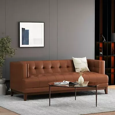 Stefan Mid Century Modern Faux Leather Tufted 3 Seater Sofa • $515.46