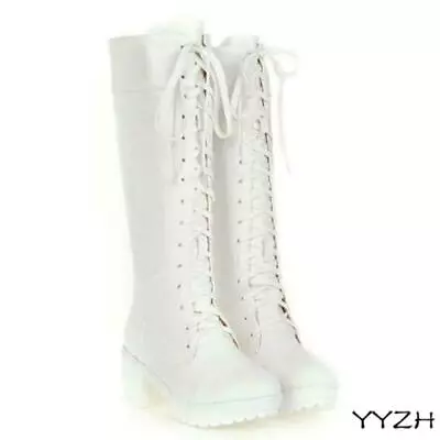 48 Womens Lace Up Knee High Boots Lolita Cosplay Chunky Block Heels Gothic Shoes • $46.20