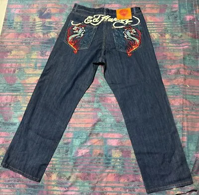 Ed Hardy Dragon Flames Spellout Embroidered Jeans Lot 2008 38X34 • $149.99