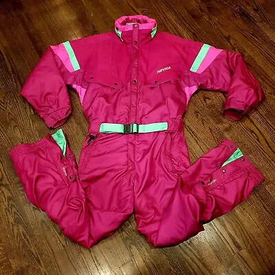 Vintage Retro 80s 90s Nevica Magenta Pink Green Insulated Nylon Ski Suit Sz 40 • $169