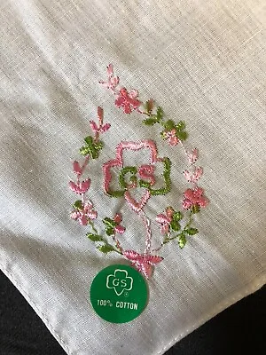 Vintage Girl Scout 1960’s White Handkerchief Embroiderd In Pink & Green  NEW • $20