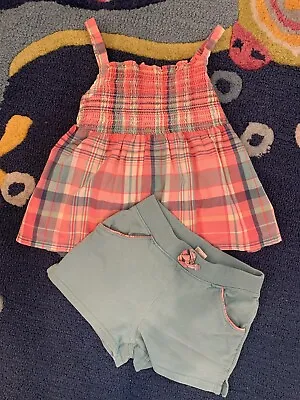 Janie & Jack Girls Plaid Madras Smocked Tank & Shorts Set Outfit Pink Aqua 2/3T • $24.97