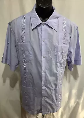 Vintage Cuban Mexican Wedding Night Blue Shirt 4 Pockets & Embroidery Large • $22.69