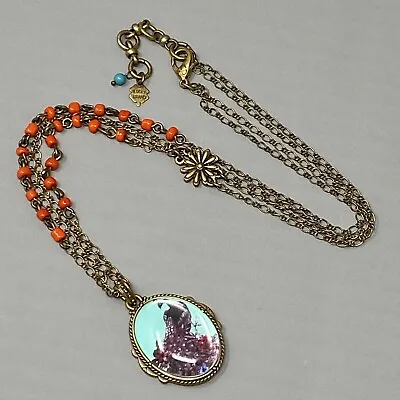 Lucky Brand Necklace Peacock Photo Oval Pendant Textured Mutli Strand Red Beads • $17.59