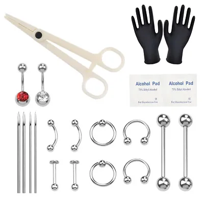 Body Piercing Kit Ear Nose Navel Nipple Needles Piercing Set Tool Kit 21PCS/Set • £4.85