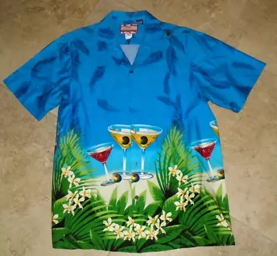 Tropical Setting Martini Cocktails Button Front Hawaiian Shirt Men's L Large • $2.44