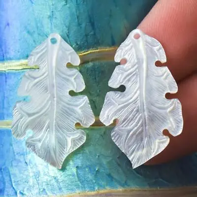 White Mother-of-Pearl Shell Carving Oak Tree Leaf Earring Pair Handmade 2.93 G • $24