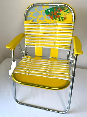 Vintage Kids Vinyl Tubing Folding Lawn Chair Yellow / White W Fish Retro Beach • $29.50