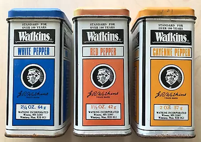 Vintage Watkins Spice Tins LOT Of 3 Red White Cayenne Pepper Empty 2 1/4 Oz Blue • $24.95