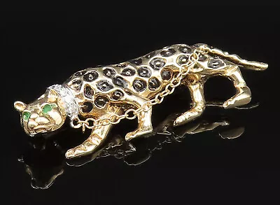 14K GOLD - Vintage Enamel Leopard & Genuine Diamonds Collar Brooch Pin - GB134 • $888.19