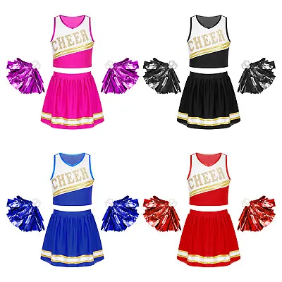 UK Girls Cheerleading Costume Cheer Leader Uniform Party Set Top Skirt Pompoms • £6.61