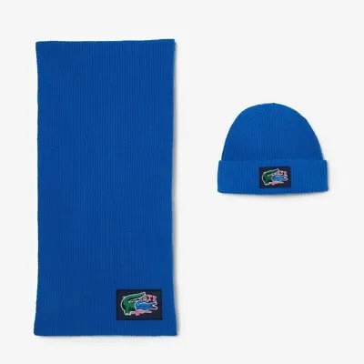 Lacoste Holiday Scarf And Beanie Set Ribbed Wool Blue Unisex BNWT Gift Box • £67.50