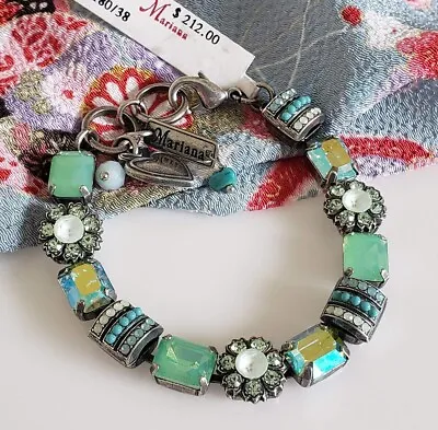 $212 MARIANA Seafoam Green Chrysolite Baguette Rectangle Floral Mosaic Bracelet • $134.32