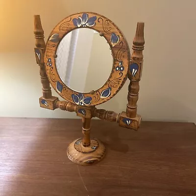 Vanity Pedestal Tabletop Mirror Burned Wood Blue Flower Design • $19.99