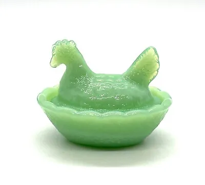 Vintage Style Mini Jadeite Green Glass Hen On Nest / Basket Salt Cellar Dish • $5