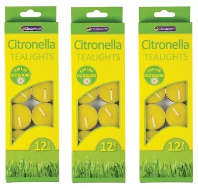 3 X Chatsworth Pack Of 12 Citronella Tealight Candles Outdoor Insect Repellent • £5.59