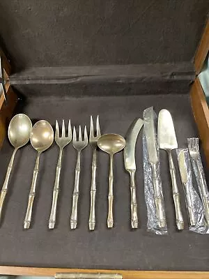 MCM Hollywood Regency Bronze Faux Bamboo Flatware 11 Pc Serving Set In Orig. Box • $125