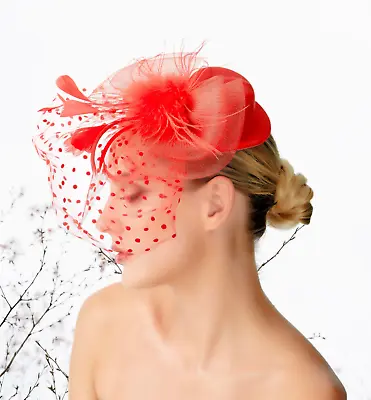 Red Mini Top Feather Mesh Fascinator Hat Woman Headpiece Formal Cocktail Party • $12.99