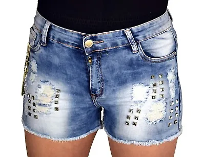 £9.99 • Buy New Womens Ladies Ripped Shorts Denim Jeans Studs High Waist Stretch 4 6 8 10 12